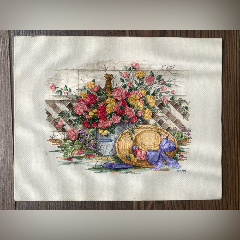 Cross Stitch Garden Themed with Basket and Bow